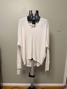 Casual White V-Neck Long Sleeve Ribbed Top